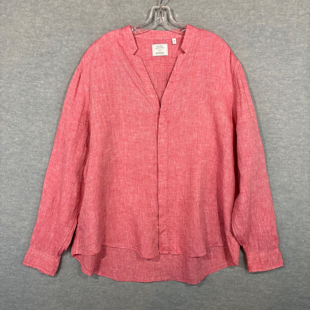 Murano Baird McNutt Mens XXL Red 100% Linen Split Neck Roll Tab Sleeve Shirt
